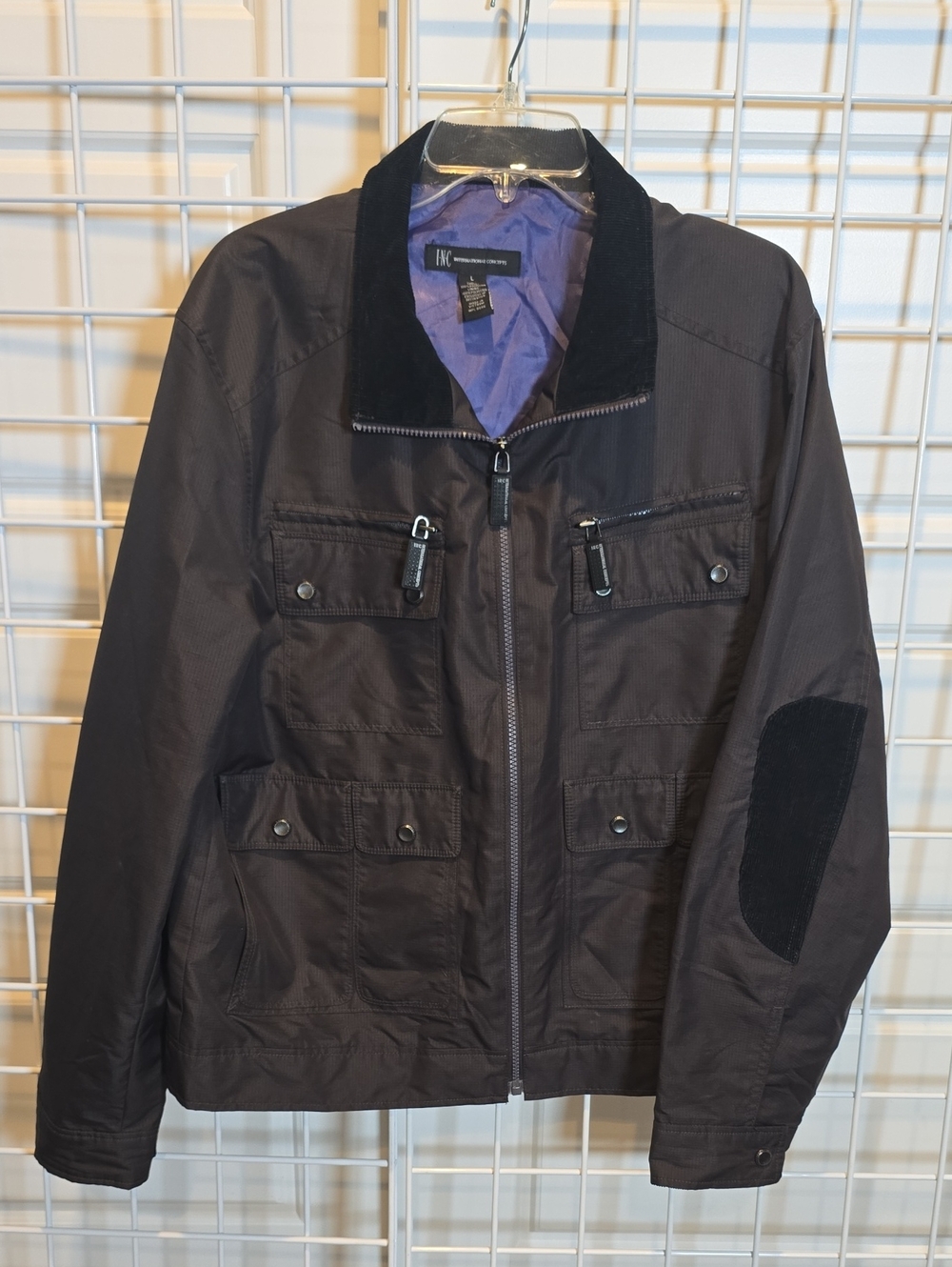 INC International Concepts Black Field Jacket with Corduroy Collar Unisex Size L
